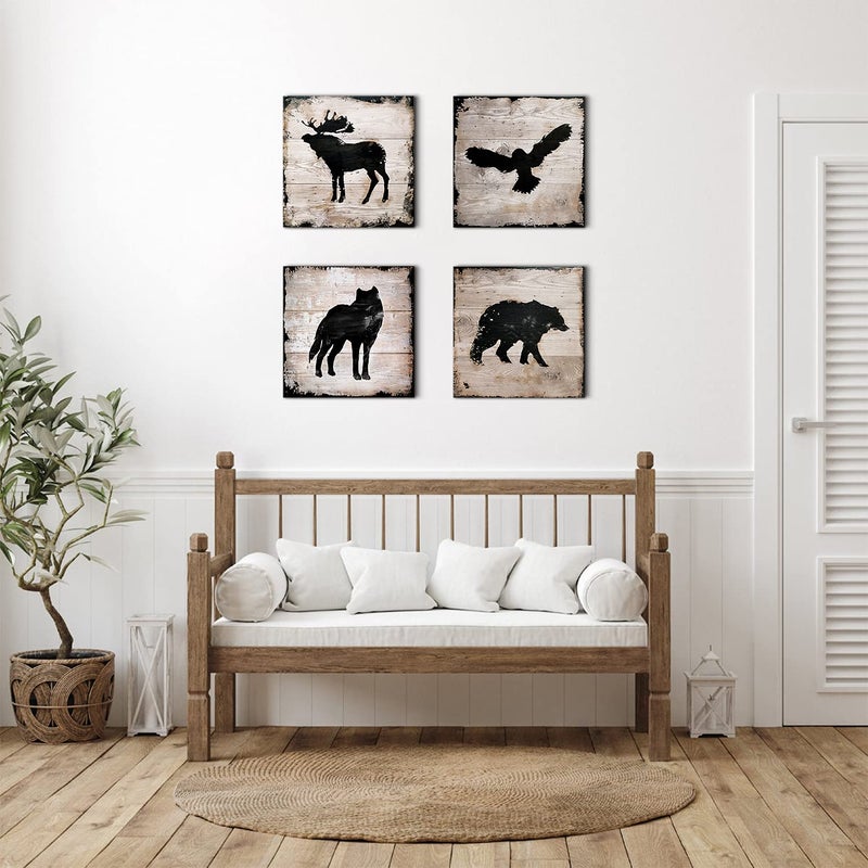 sunfrower Rustic Wildlife Wall Art Cabin Wall Decor Bear Pictures Woodland Animals Picture Farmhouse Moose Deer Canvas Painting Eagle Wolf Poster Nursery Artwork for Bedroom Lodge Home Decorations 12x12" 4P - Image 4